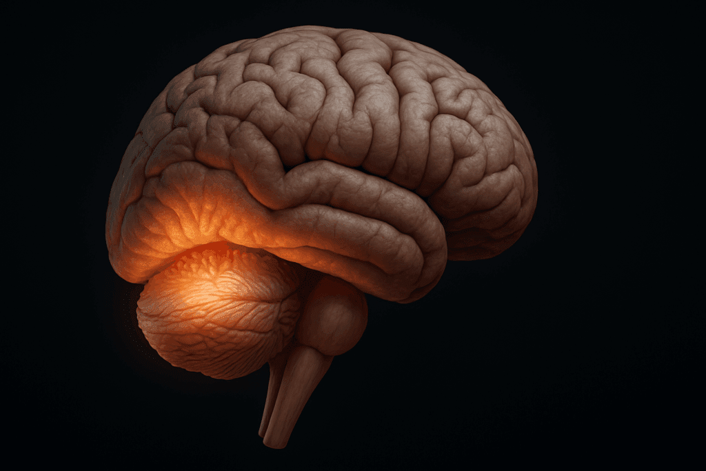 Realistic 3D rendering of the hindbrain showing the cerebellum, pons, and medulla oblongata, illustrating how the midbrain, forebrain, and hindbrain work together.