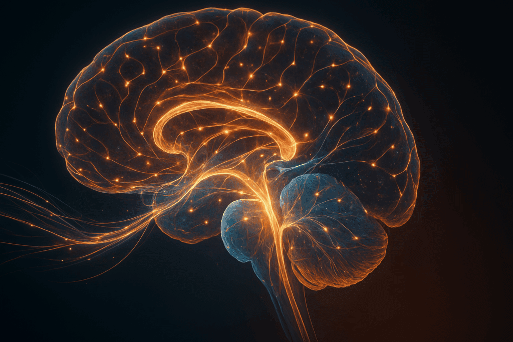 Glowing neural pathways showing how the midbrain, forebrain, and hindbrain work together for brain communication and clarity.
