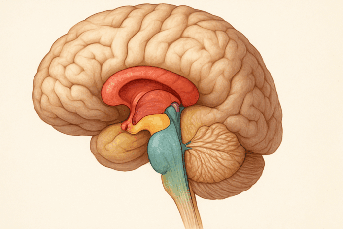 Anatomical illustration of the brain highlighting how the middle brain works, showcasing its position between the forebrain and hindbrain. The midbrain structures, including the tectum, tegmentum, and cerebral peduncles, are distinctly colored to emphasize their role in mental and cognitive health