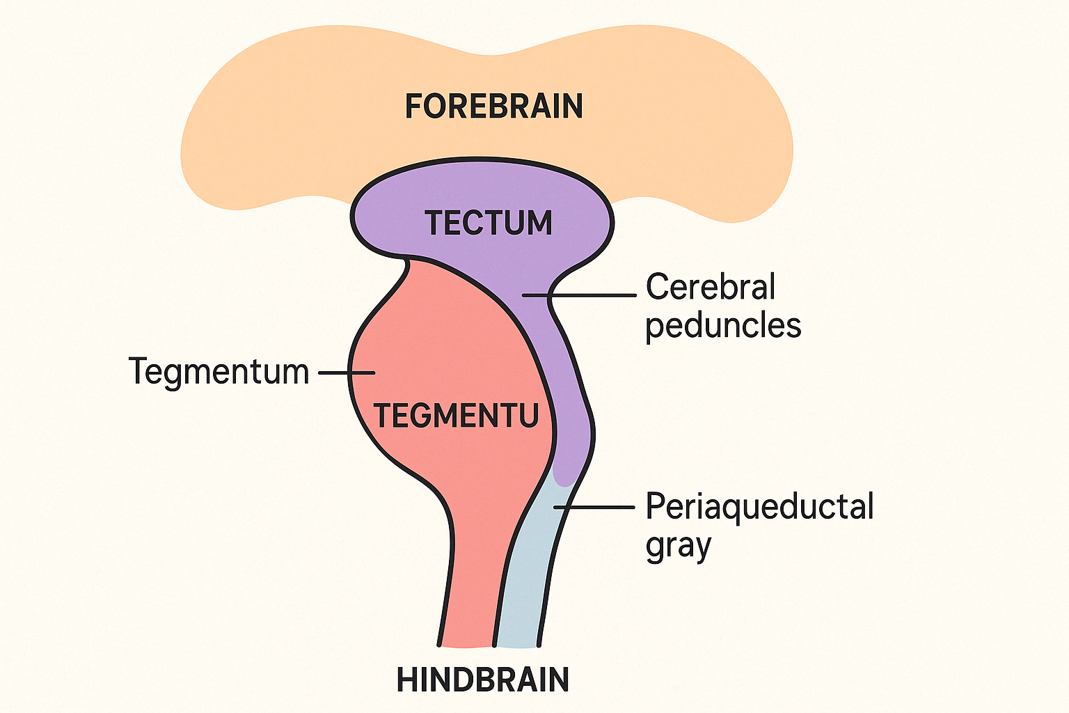 Diagram showing how the middle brain works, highlighting the neuroanatomy of the midbrain with labeled structures such as the tectum, tegmentum, cerebral peduncles, and periaqueductal gray. The image differentiates between the dorsal and ventral components, illustrating their connections with the forebrain and hindbrain.
