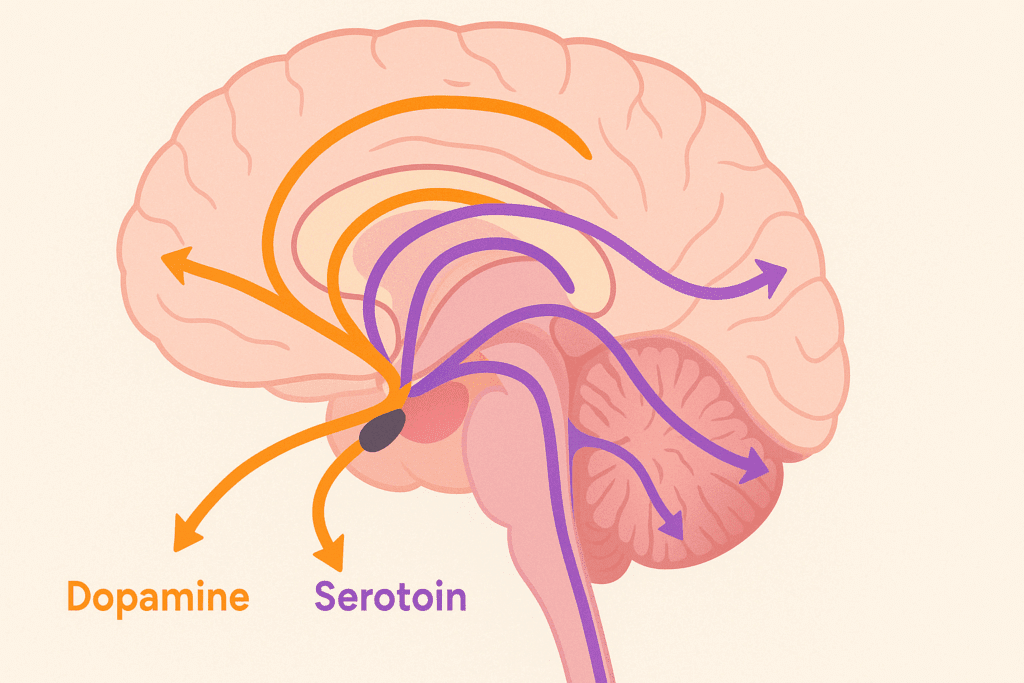 Illustration showing neurotransmitter pathways in the midbrain, with dopamine and serotonin interacting in key structures like the substantia nigra and ventral tegmental area (VTA), demonstrating how the middle brain works to regulate mood and motivation.