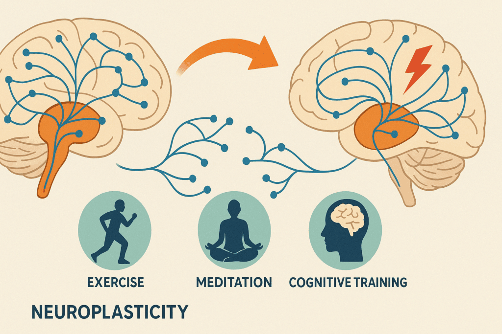 Infographic illustrating how the middle brain works by showing neuroplasticity and the reorganization of neural pathways in response to injury. It highlights environmental factors like exercise, meditation, and cognitive training that help the midbrain recover and adapt.