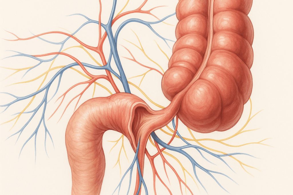 Anatomical illustration showing how the small and large intestine work together at the ileocecal valve, with surrounding nerves and blood vessels