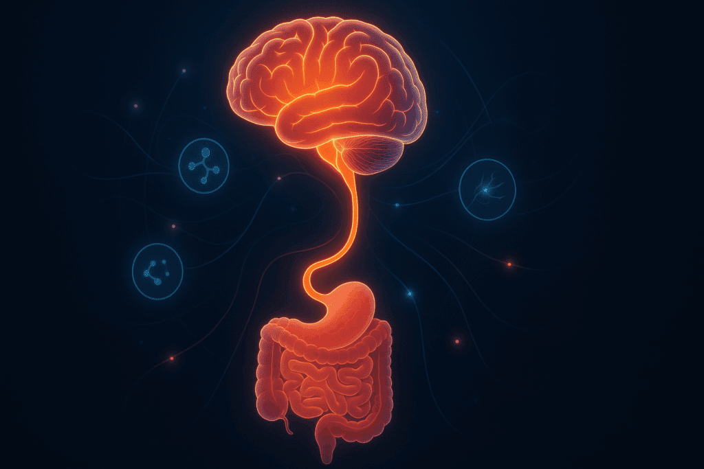 Conceptual diagram showing how the small and large intestine work together via the gut-brain axis, connected by neural pathways