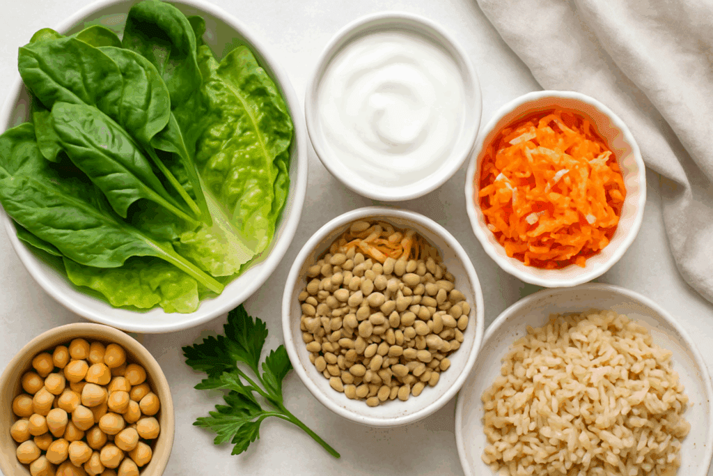 Healthy flat lay meal with leafy greens, legumes, yogurt, and grains illustrating how the small and large intestine work together.