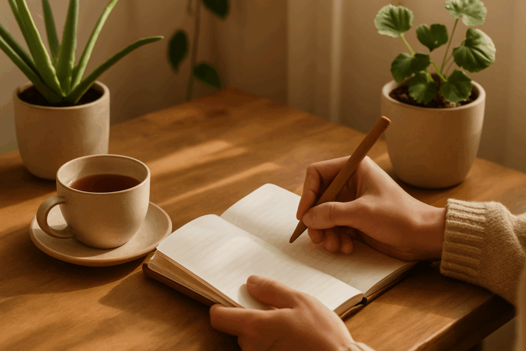Person journaling with tea and plants in morning light, showing daily rituals for how to train your mindset
