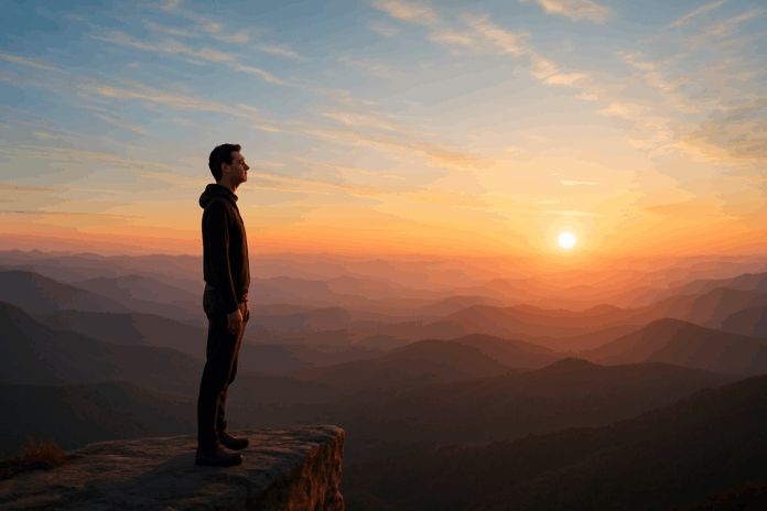 Person meditating at sunrise on a mountain cliff, symbolizing mental clarity and resilience—how to train your mindset through reflection.