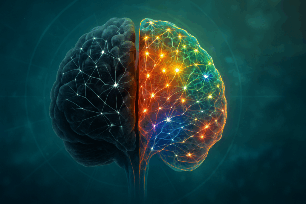 Brain split into fixed and growth mindset halves, symbolizing how to train your mindset for mental flexibility and resilience.