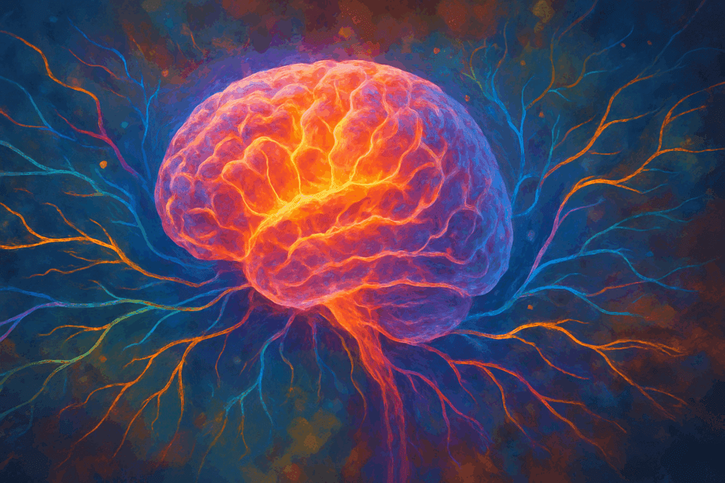 Colorful digital painting of a glowing human brain with radiant neural pathways expanding outward, symbolizing neuroplasticity and how to train your mindset through cognitive transformation.