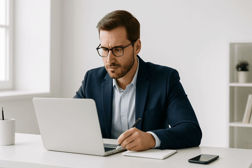 Professional man practicing deep work at a minimalist desk in a bright office, symbolizing how to train your mindset for focus and productivity
