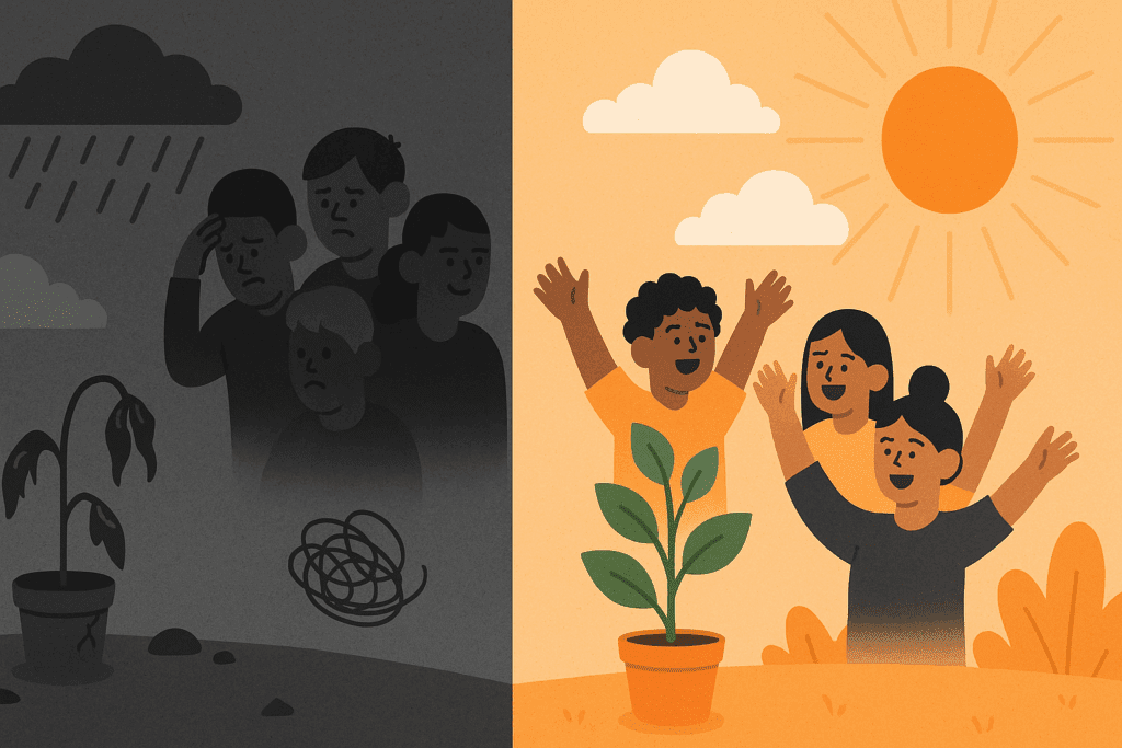 Split-screen infographic showing toxic vs. positive environments to illustrate how to train your mindset through surrounding