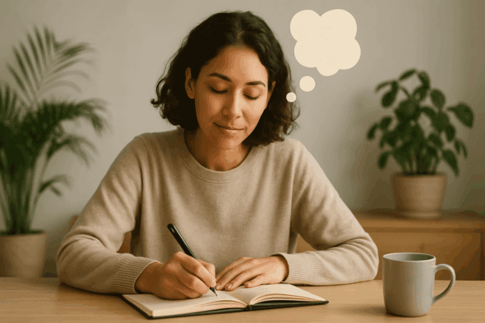 Woman journaling at a calm, plant-filled desk with abstract thought bubbles above her head, symbolizing reflection in a CBT thought record.