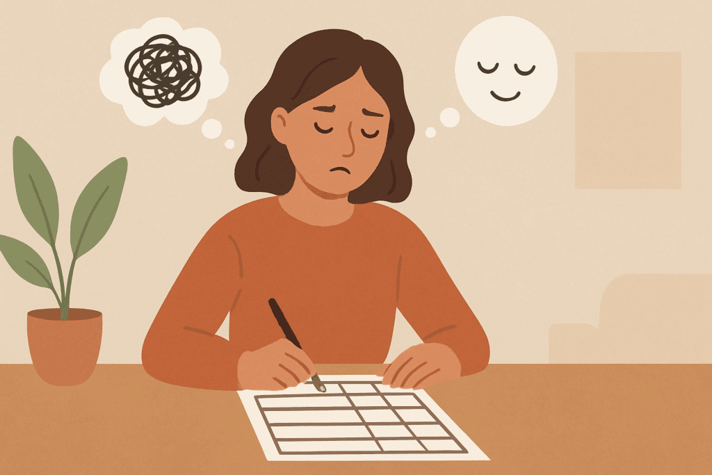 Woman filling out a CBT thought record worksheet at a table, transitioning from anxious to calm in a peaceful setting