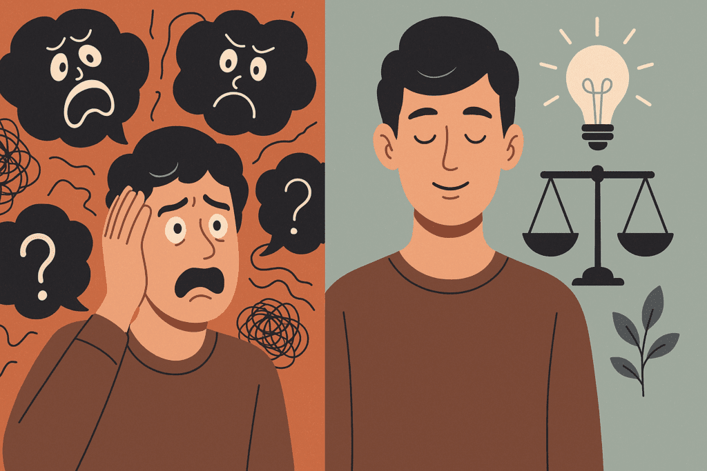 Split-screen illustration of a man experiencing anxious, chaotic thoughts on one side and calm, balanced thinking on the other, symbolizing the impact of using a CBT thought record.