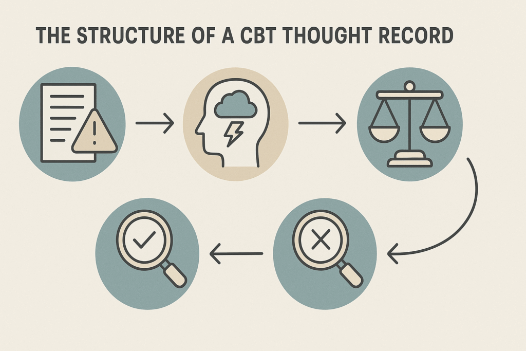 Infographic illustrating the six-step structure of a CBT thought record using icons like warning symbol, brain with storm cloud, magnifying glass, and scales