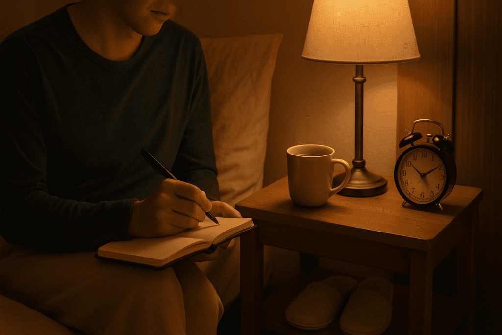 Person writing a CBT thought record in a journal at night beside a lamp-lit table with tea, clock, and slippers
