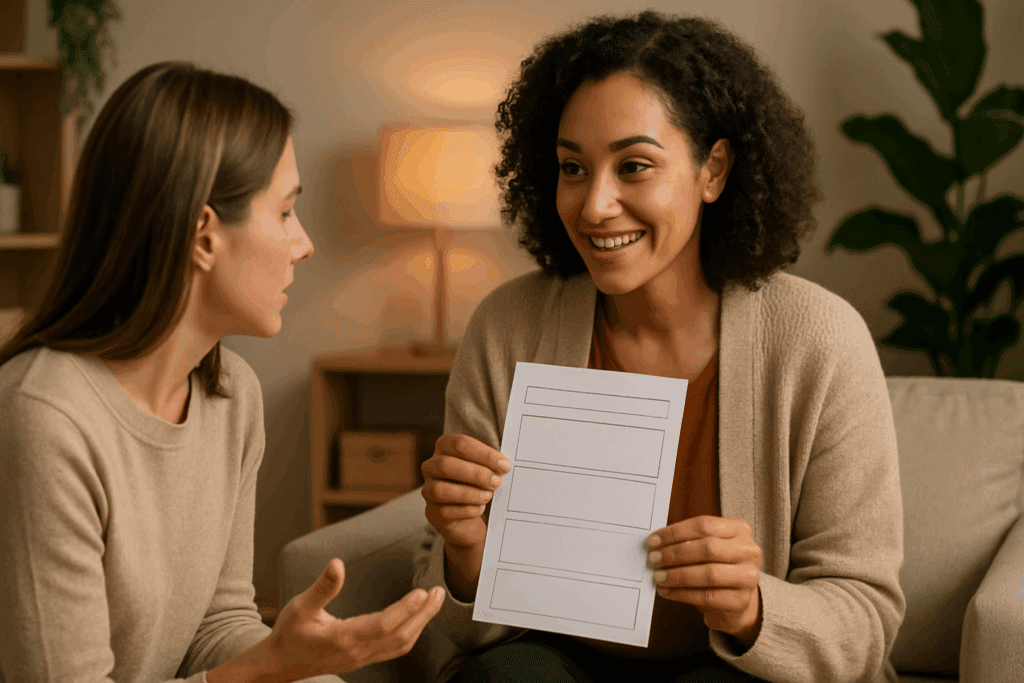 Therapist and client in a warm counseling office discussing a CBT thought record during a supportive therapy session