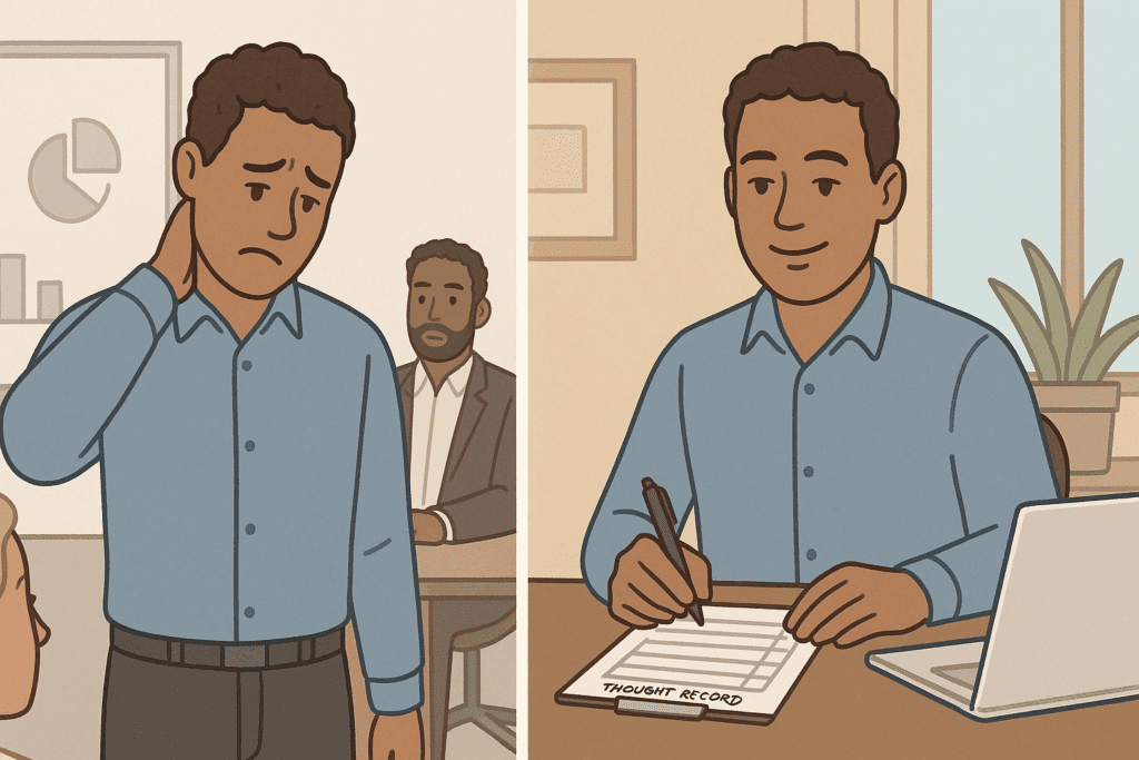 Man feeling anxious after a workplace presentation, later reflecting confidently at his desk while writing in a CBT thought record.