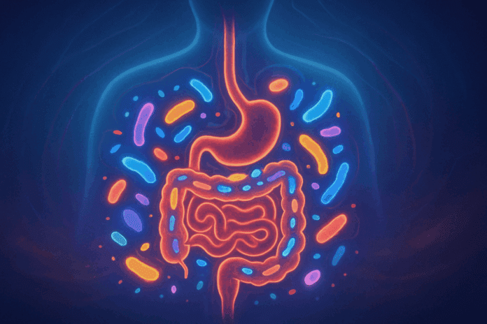 Abstract digital illustration symbolizing the connection between humans and the gut microbiota with glowing microbes surrounding a luminous digestive tract.