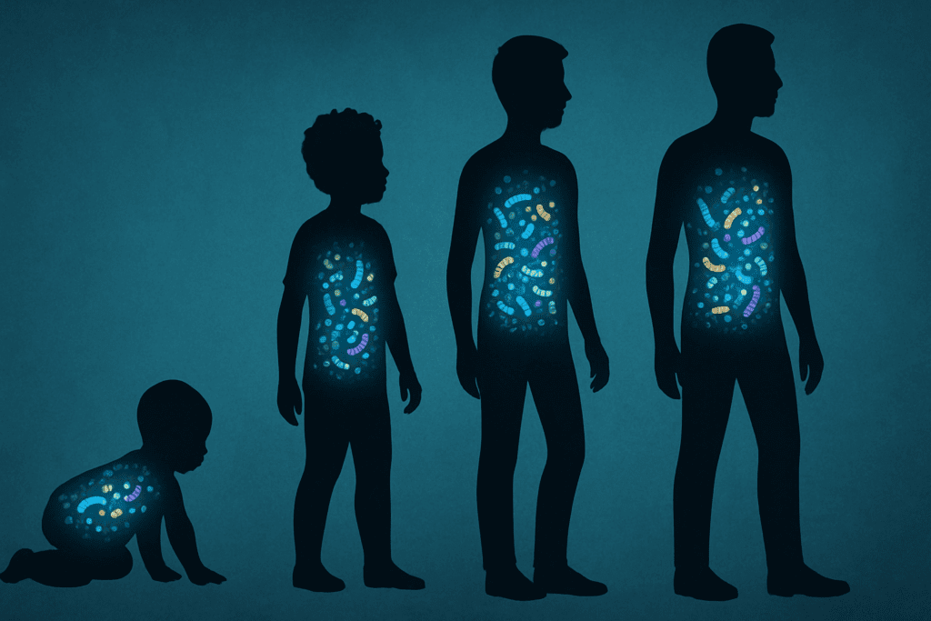 Silhouettes from baby to adult with glowing guts representing microbial diversity, illustrating the development of humans and the gut microbiota.