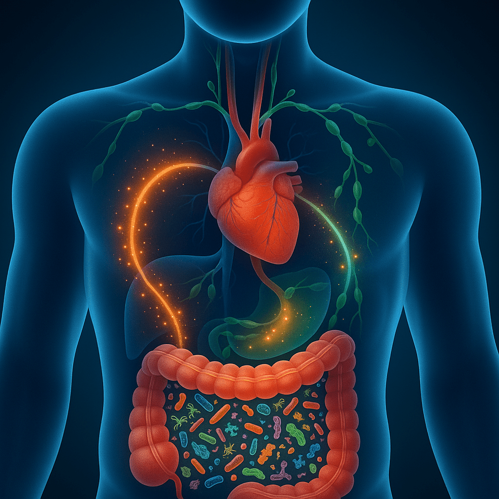 Cross-section of a human torso showing how humans and the gut microbiota interact with the heart and immune system through vibrant microbial pathways.
