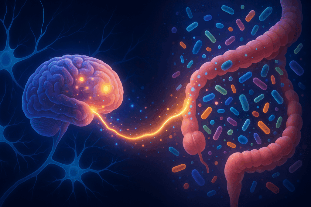 Neural connection between brain and gut in humans and the gut microbiota showing microbes signaling through the vagus nerve.