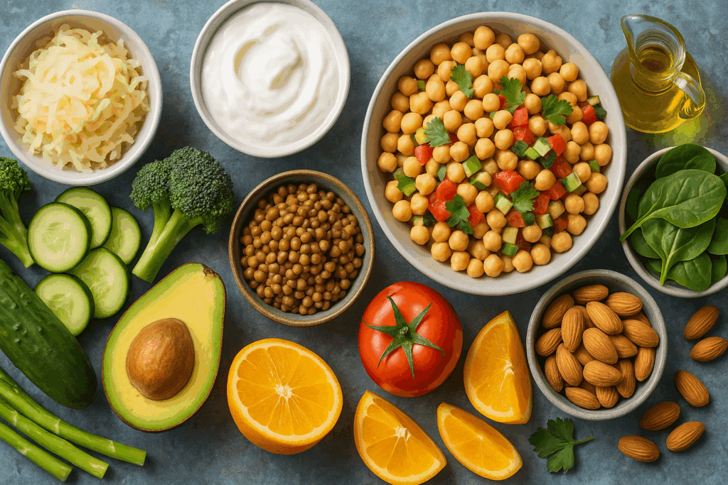 Colorful Mediterranean meal with legumes, fermented foods, vegetables, and nuts supporting humans and the gut microbiota.