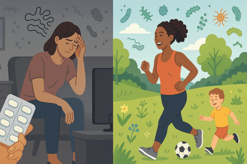 Split scene showing how lifestyle affects humans and the gut microbiota, contrasting indoor and outdoor living.
