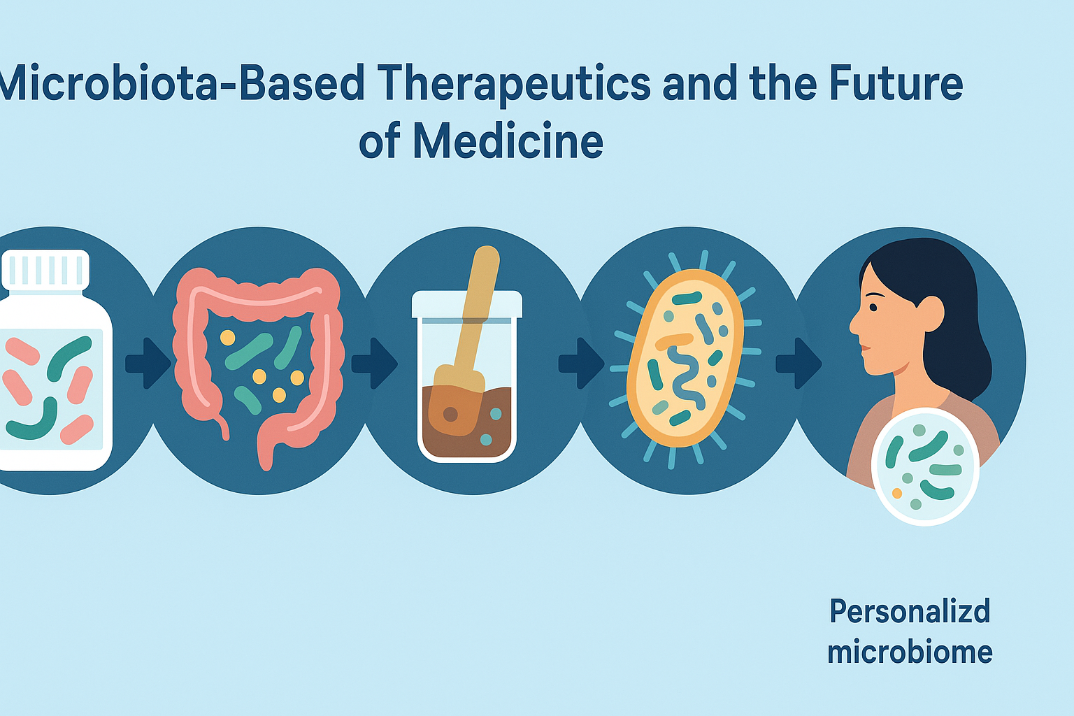 Medical infographic showing evolution of therapies in humans and the gut microbiota from probiotics to personalized care