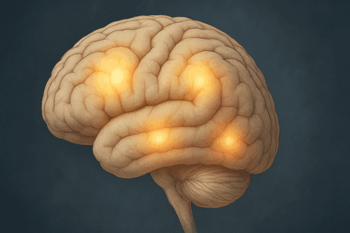 Labeled human brain diagram showing a realistic side view with frontal, parietal, temporal, and occipital lobes subtly glowing to indicate activity.