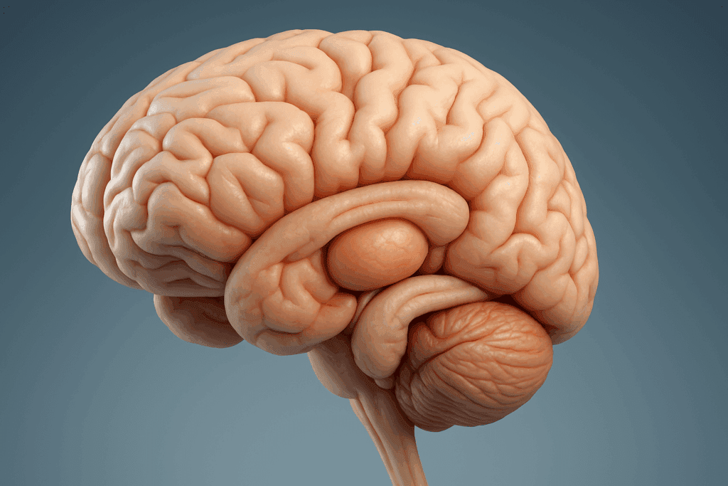 Realistic labeled human brain diagram showing the forebrain structures including cerebral cortex, thalamus, hypothalamus, and basal ganglia