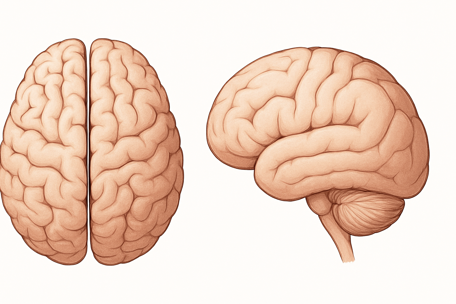 Top and side views of a labeled human brain diagram showing the two hemispheres, longitudinal fissure, and major lobes in a clean medical illustration.