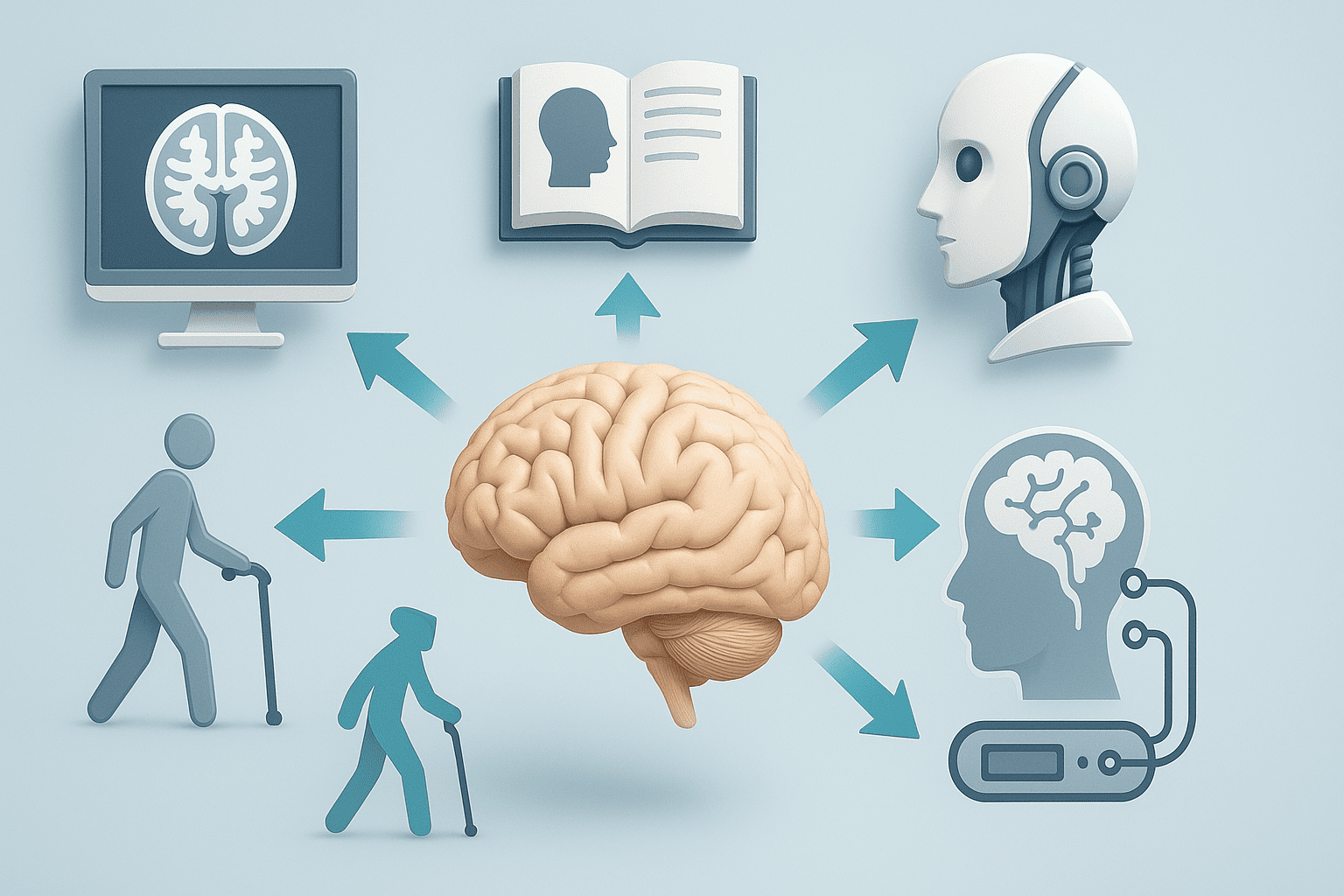 Labeled human brain diagram in the center with stylized arrows pointing to clinical diagnostics, education, AI, rehabilitation, and brain-computer interfaces.