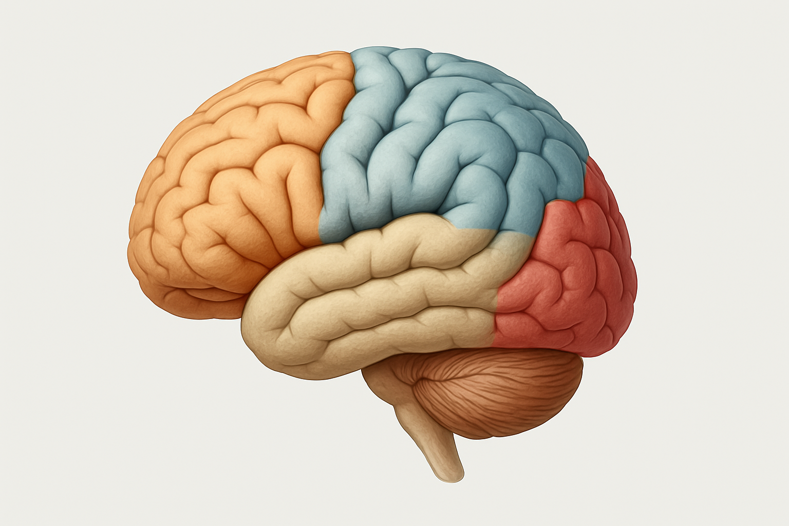 Labeled human brain diagram featuring a color-coded 3D illustration of the frontal, parietal, temporal, and occipital lobes.