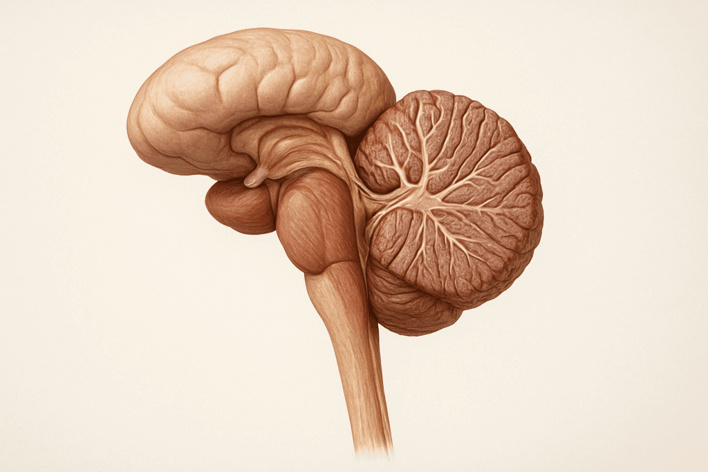 Labeled human brain diagram showing detailed anatomy of the brainstem, cerebellum, and spinal cord with realistic textures on a neutral background.