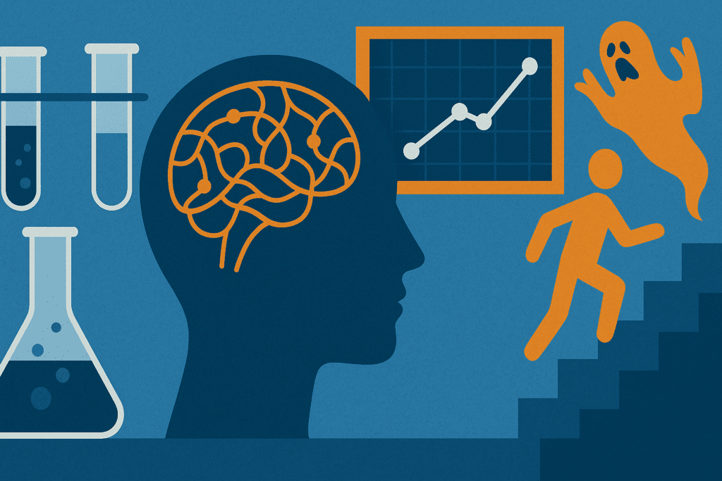 Abstract illustration symbolizing clinical research behind Exposure Therapy a Type of CBT, with brain graphics, lab tools, a progress chart, and a human figure overcoming fear.