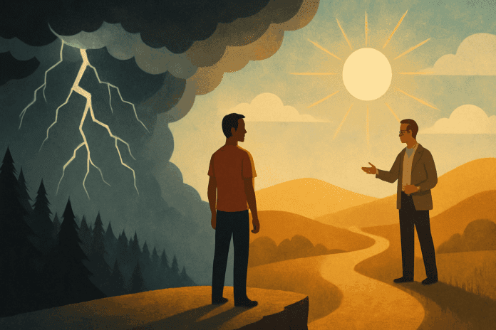 Person facing a stormy forest with a therapist guiding them toward sunlight, symbolizing Exposure Therapy a Type of CBT for anxiety.