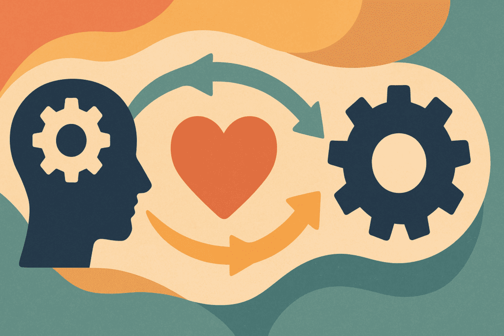 Abstract illustration symbolizing Exposure Therapy a Type of CBT, showing a human head, heart, and gear interconnected by flowing arrows representing thoughts, emotions, and behaviors.