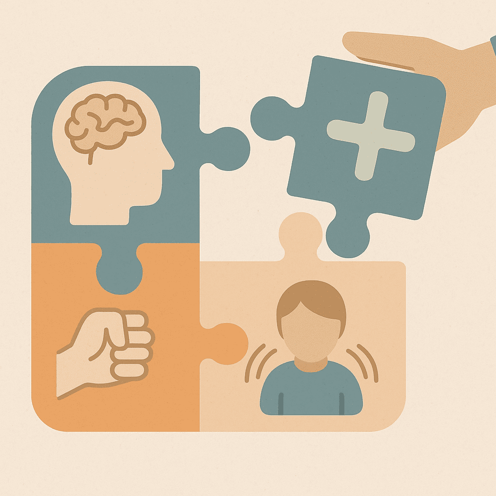 Puzzle pieces symbolizing cognitive and behavioral components fitting together to illustrate Exposure Therapy a Type of CBT for anxiety treatment.