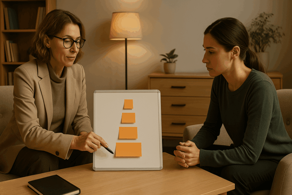 Therapist and client collaboratively reviewing a fear hierarchy in a warm clinical setting, illustrating Exposure Therapy a Type of CBT