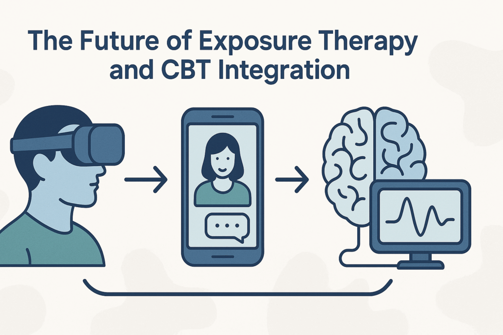 Modern infographic showing VR therapy, mobile mental health apps, and neurofeedback as innovations in Exposure Therapy a Type of CBT