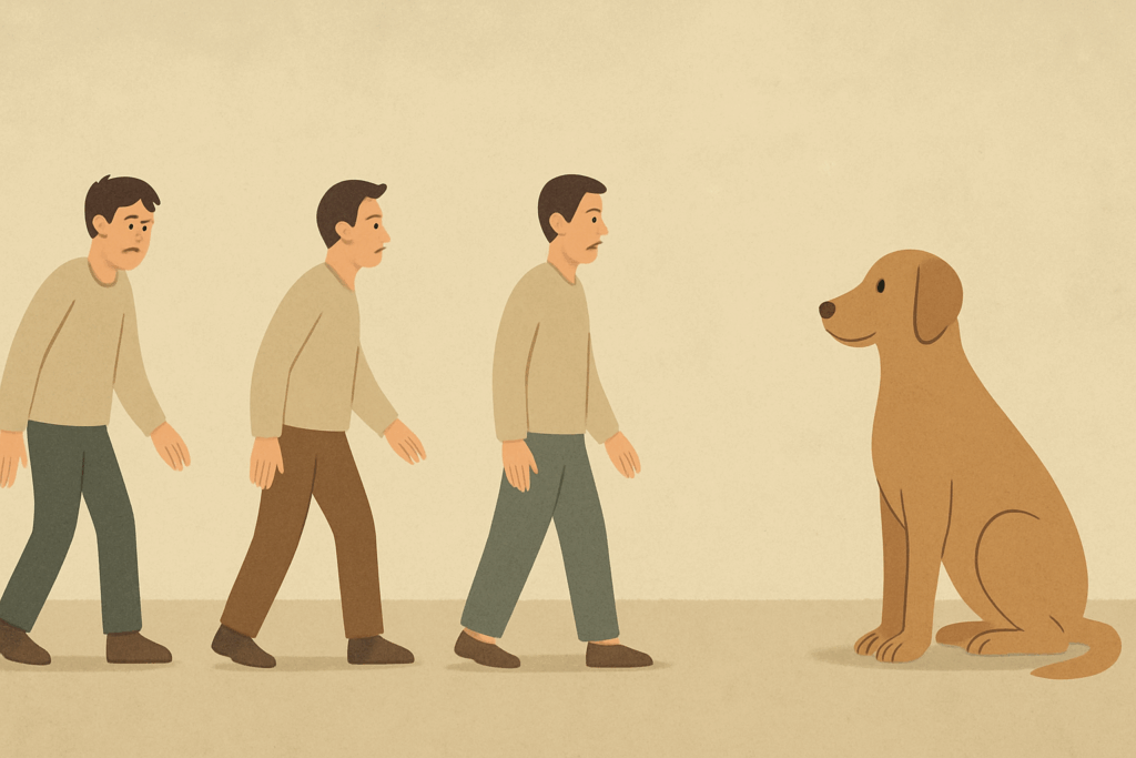 Person gradually approaching a calm dog in four stages, symbolizing habituation in Exposure Therapy a Type of CBT.