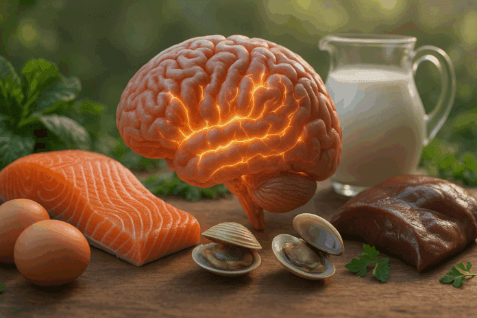 Cross-section of a glowing human brain surrounded by vitamin B12-rich foods like salmon, eggs, clams, liver, and dairy, visually exploring the question: is vitamin B12 good for memory?
