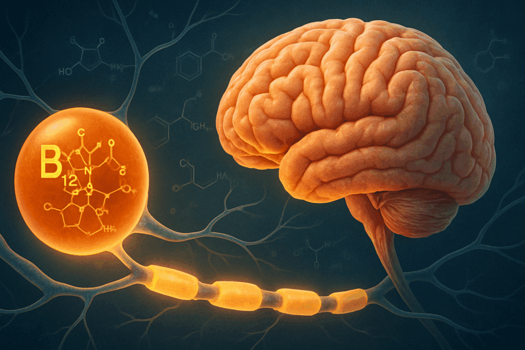 Scientific illustration showing how vitamin B12 supports myelin sheath formation and brain signaling, addressing the question: Is vitamin B12 good for memory