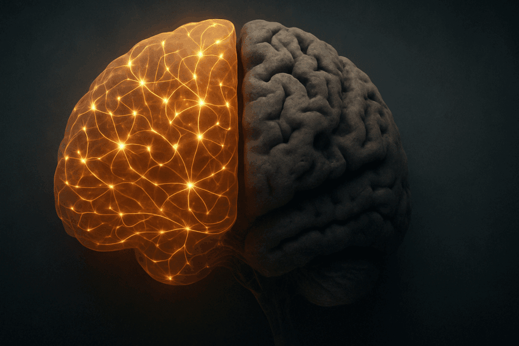 Split-brain illustration showing how B12 deficiency causes cognitive decline, addressing the question: Is vitamin B12 good for memory.