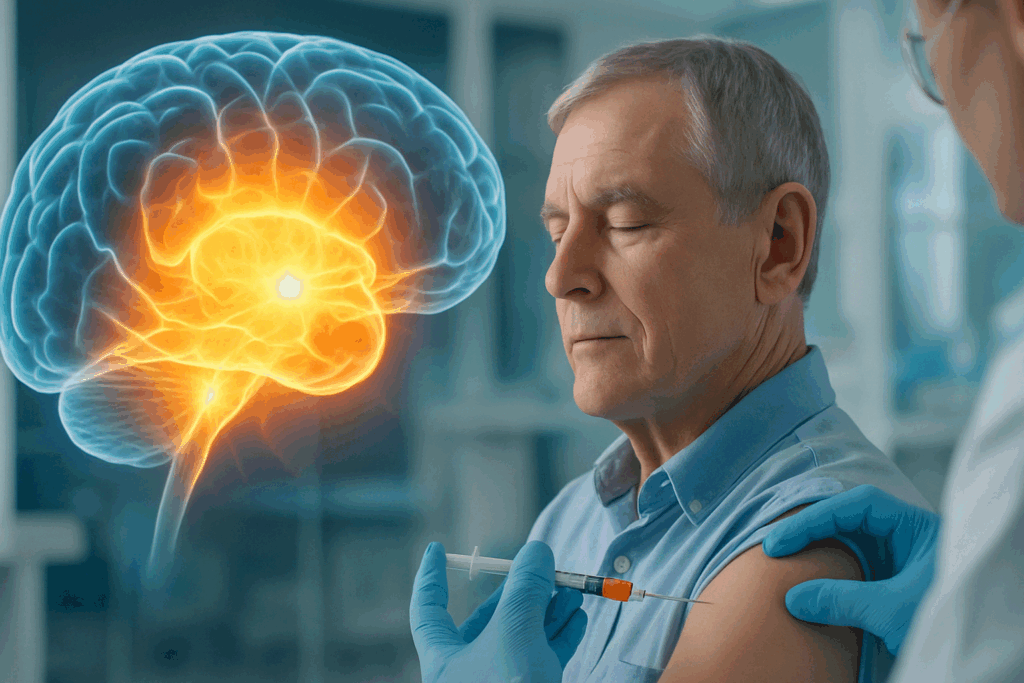 Older man receiving a vitamin B12 injection in a medical setting with a glowing brain scan in the background, illustrating the question: Is vitamin B12 good for memory