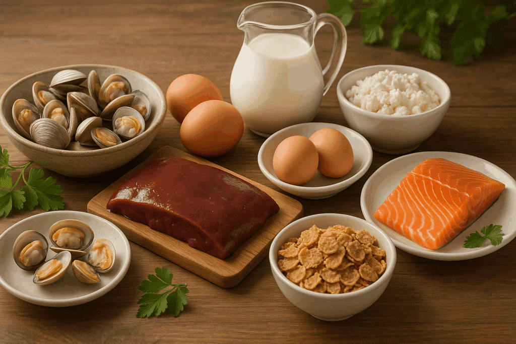 Whole food sources rich in vitamin B12—clams, liver, eggs, salmon, dairy, and fortified cereal—arranged on a wooden table to illustrate the question: is vitamin B12 good for memory
