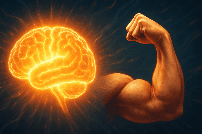 Glowing human brain and flexing arm muscle side-by-side, symbolizing the connection between strength and brain power. The brain appears energized with a radiant glow, emphasizing the idea that the brain is a muscle. Dynamic light patterns in the background suggest energy and cognitive vitality.