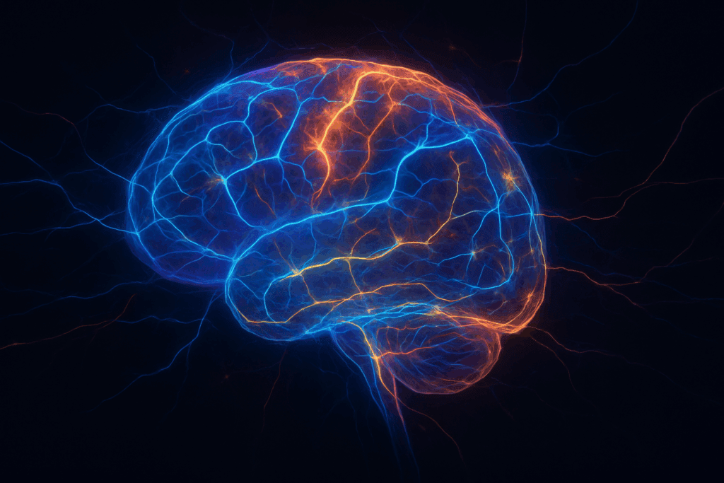 Artistic visualization of neural pathways lighting up inside a human brain, illustrating neuroplasticity and addressing the question: Is the brain a muscle.