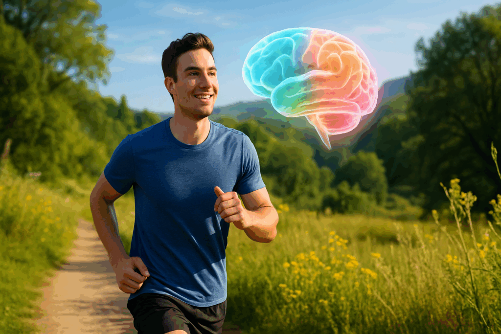 Healthy young man jogging on a scenic trail with a vibrant brain illustration floating nearby, symbolizing the mind-body connection and asking, is the brain a muscle